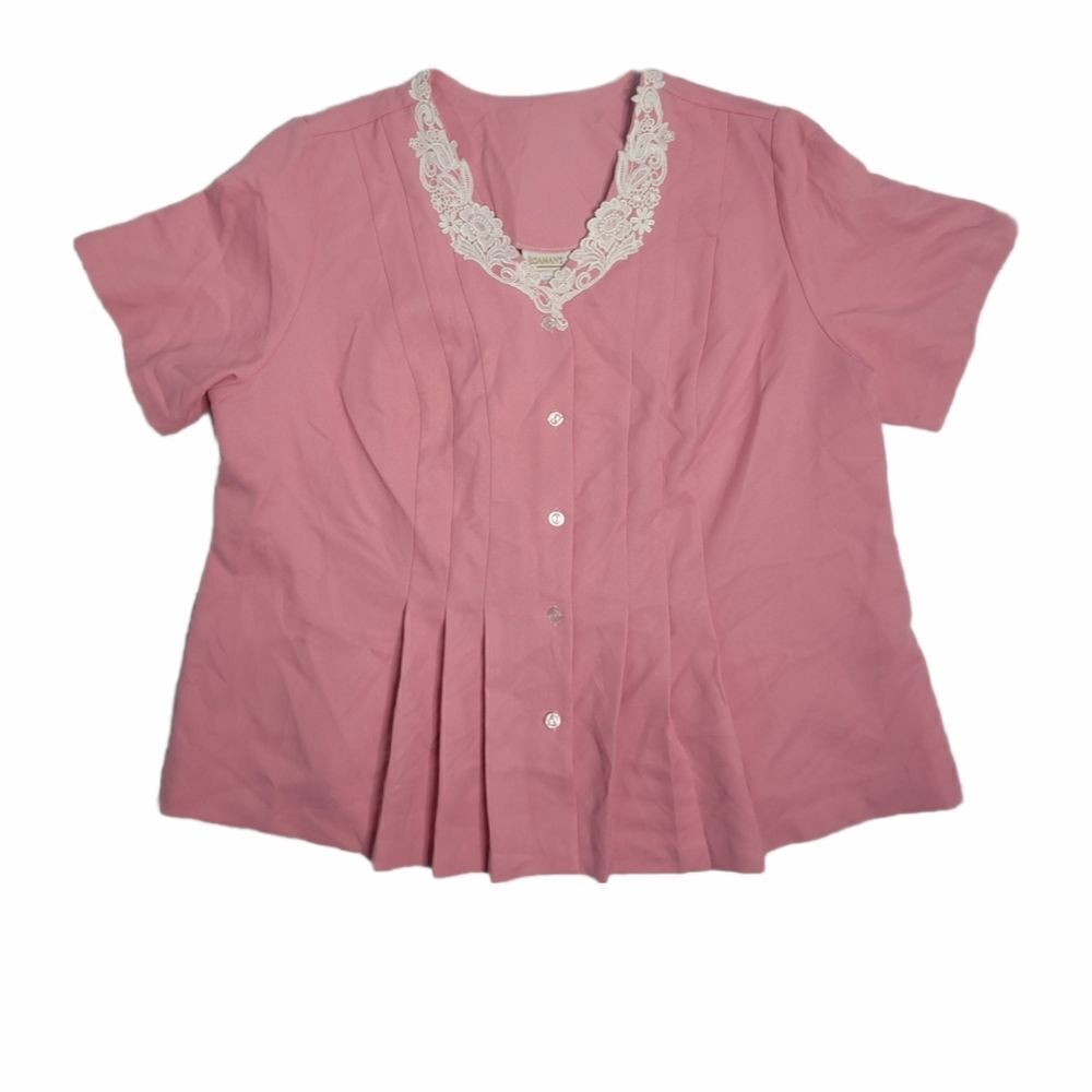 VINTAGE 80s blouse pink‎ lace collar peplum pleated button top 22W